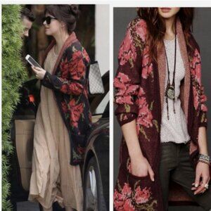 Free People Flower Power Rose Print Wool Long Cardigan Mulberry Purple Medium
